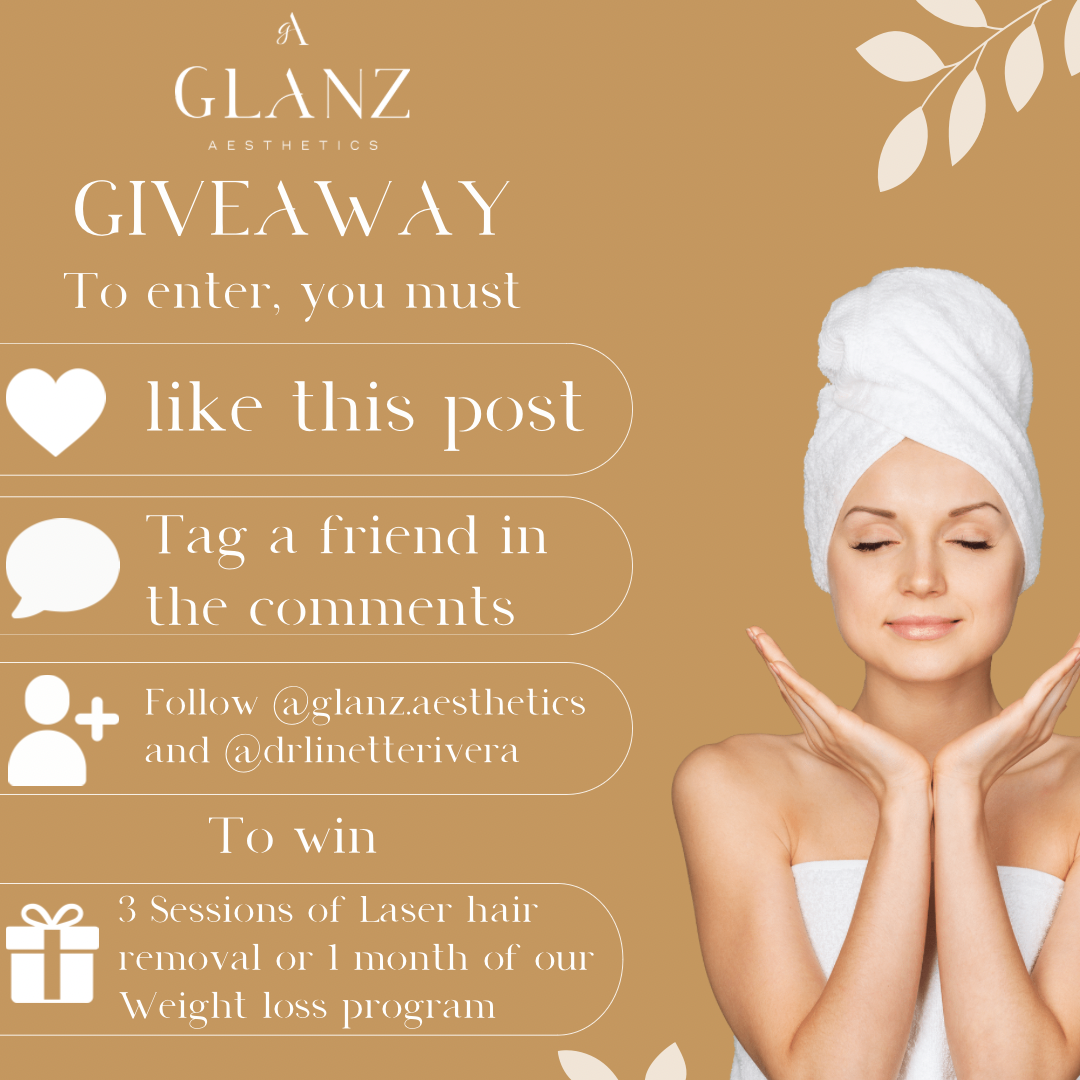 Glanz Aesthetics We’re giving away 3 sessions of laser hair removal in a small area OR 1 month of @drlinetterivera weight loss program until the 22nd of July!!!!!!